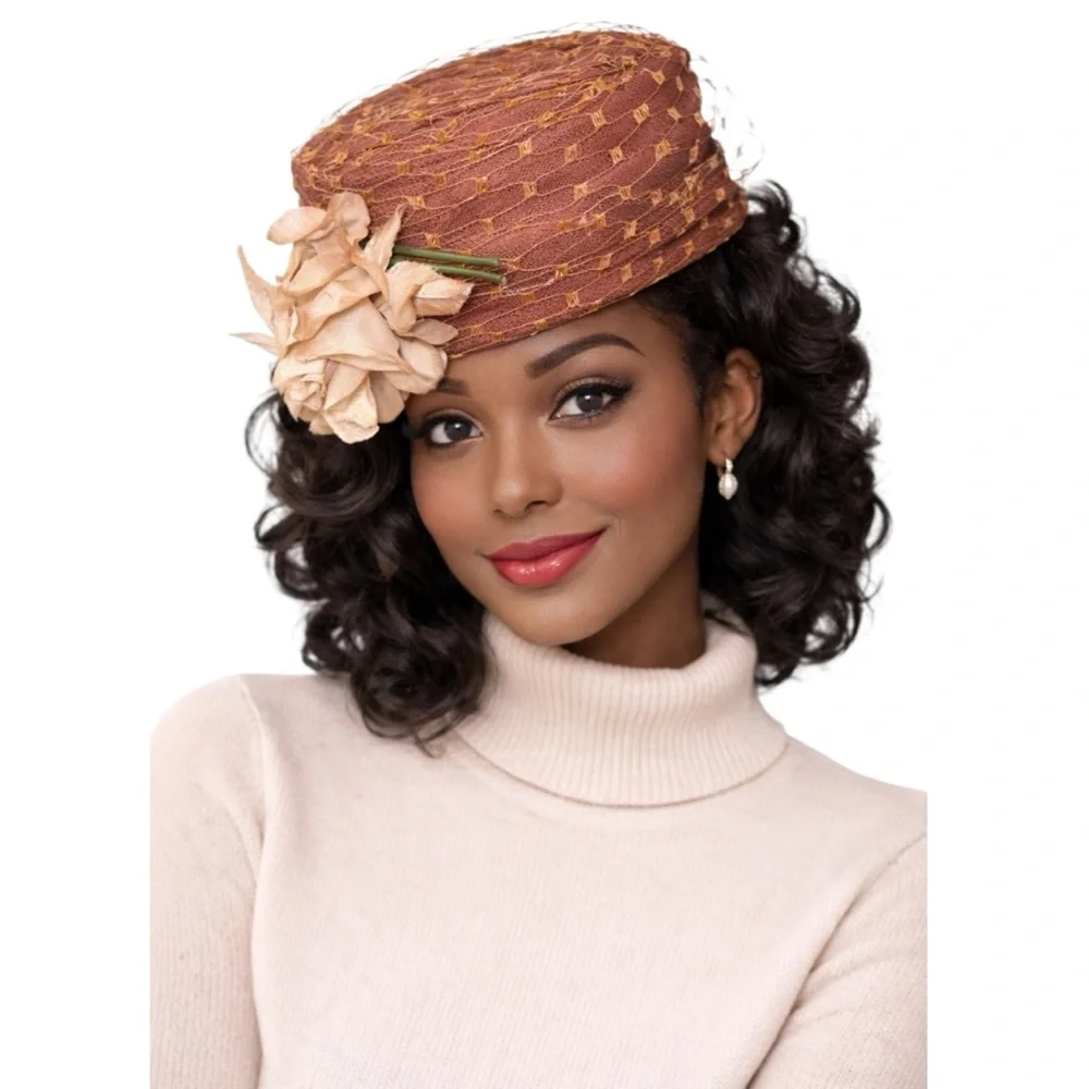 Vintage 1950’s Netted Pillbox Hat Mauve Nutmeg Silk Floral
